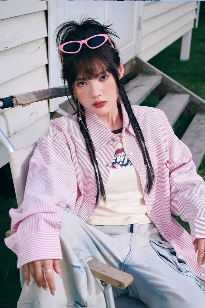 1506/Q208/P46美式条纹情侣长袖衬衣男女同款衬衫学院风上衣图片