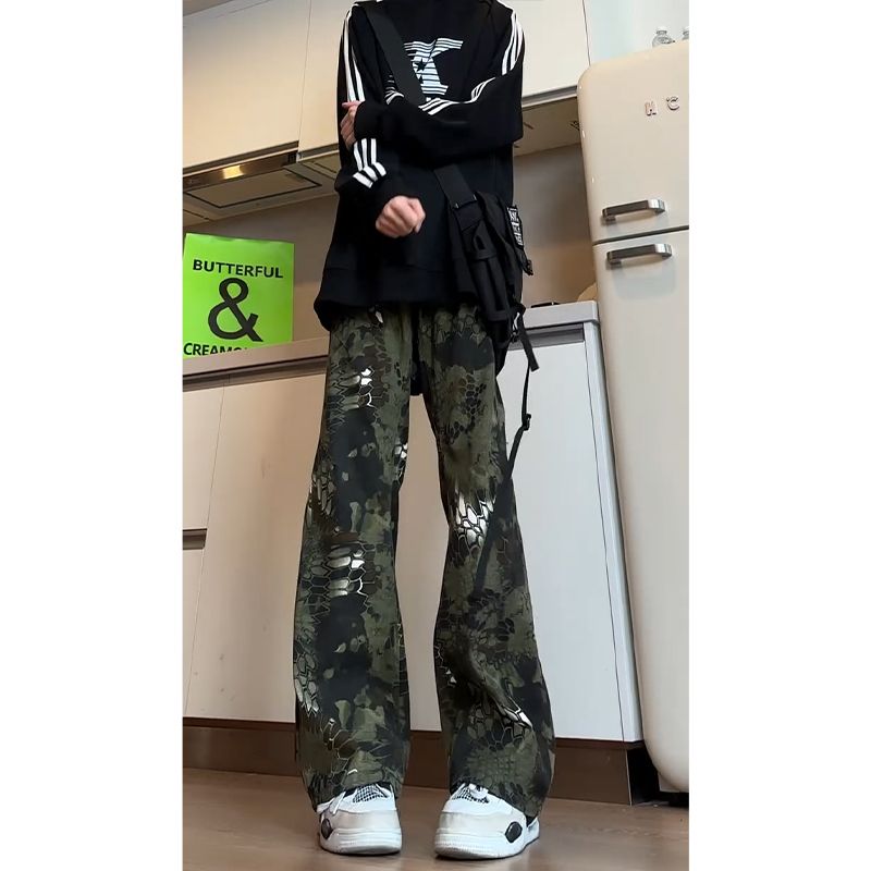 1506/Q3280/P39蛇纹迷彩工装裤男秋款潮牌美式牛仔裤直筒微喇叭裤,男装牛仔裤,星座1506
