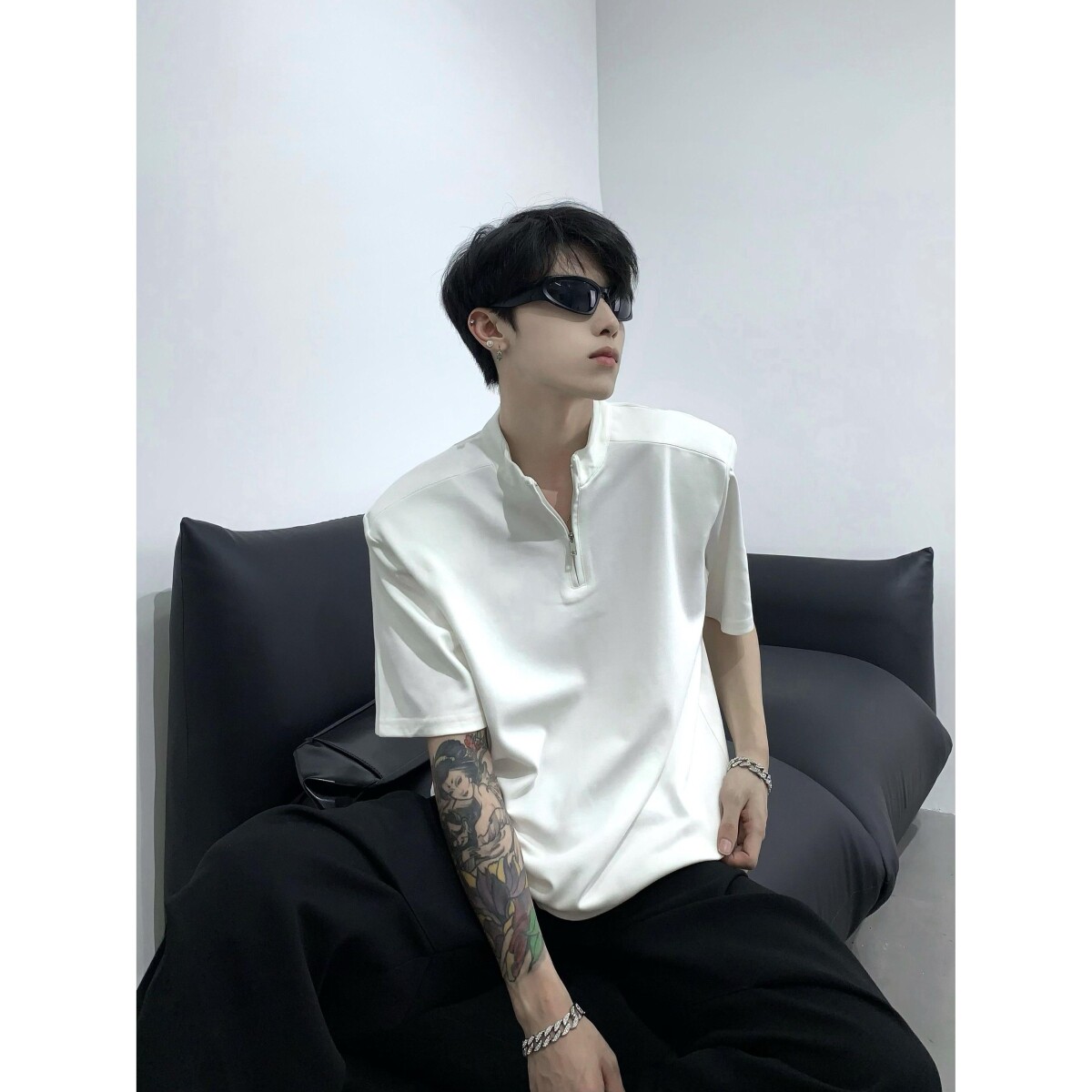 1506/QT170/P40美式高街半拉链短袖男夏季潮宽松t恤五分袖,男装T恤,星座1506