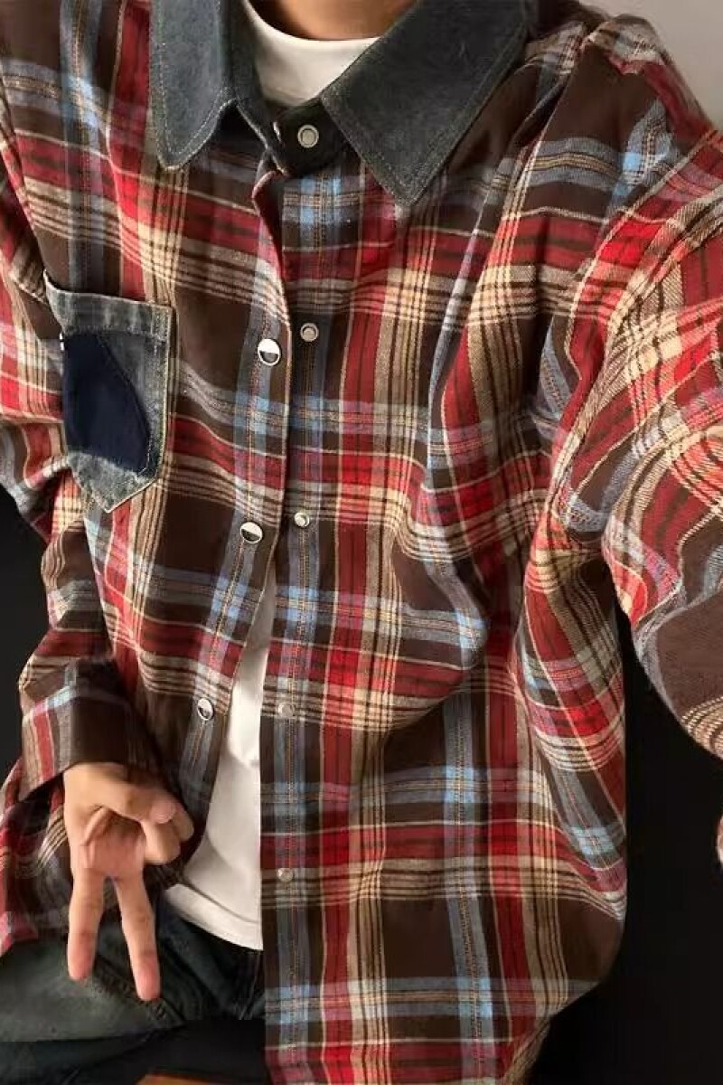 1506/QJ020/P44美式复古长袖格子衬衫男秋牛仔领黄色格纹外套1,男装衬衫,星座1506