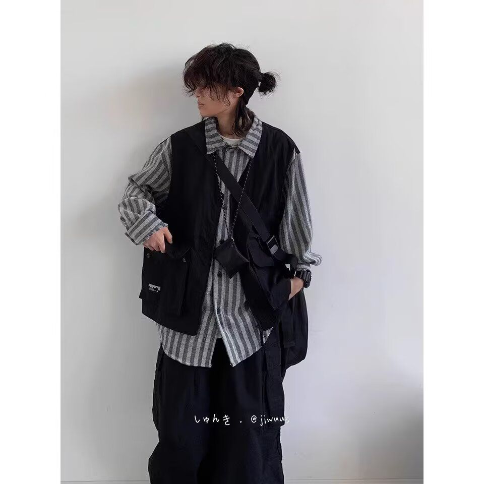 1506/Q2830/P57秋假两件工装衬衫男女机能多口袋马甲长袖衬衣,男装背心/马甲,星座1506