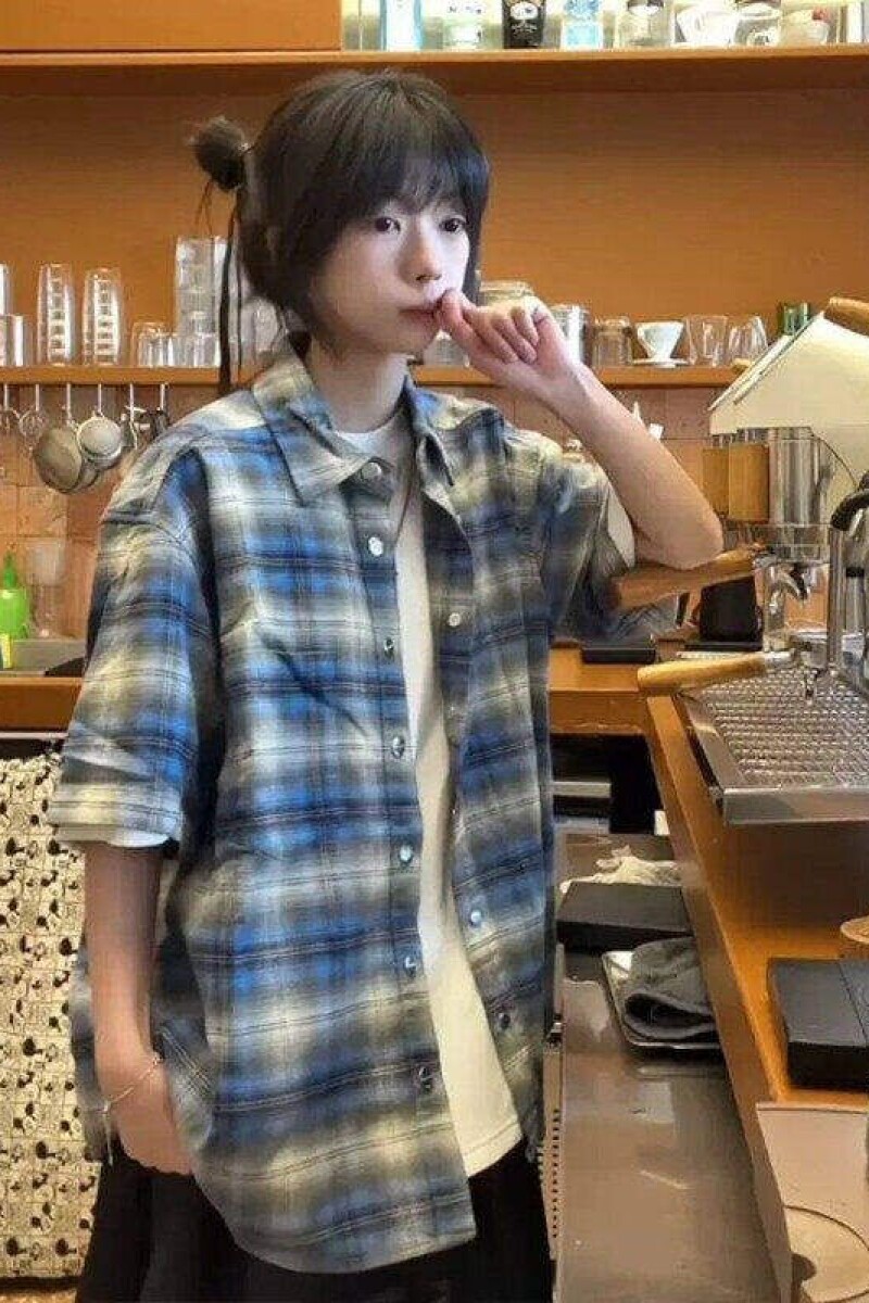 1506/Q44020/P38撞色日系格子衬衫男港风复古潮牌宽松bf休闲外套,男装衬衫,星座1506