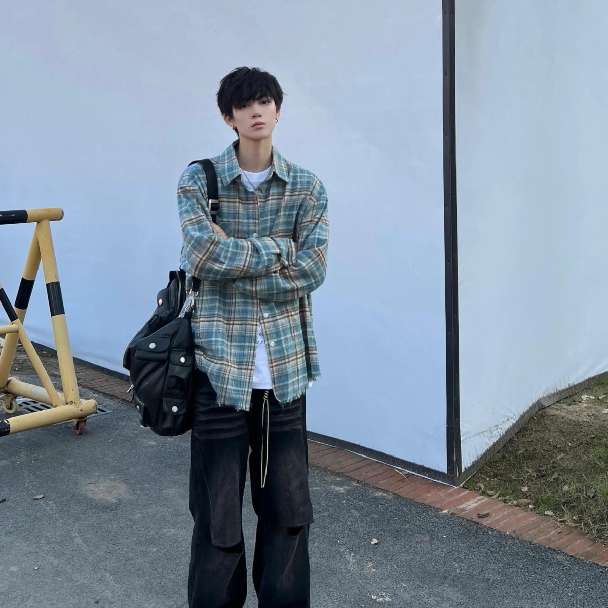 1506/Q22500/P34蓝色格子衬衫男美式复古格纹长袖衬衣痞帅休闲，男装衬衫，星座1506