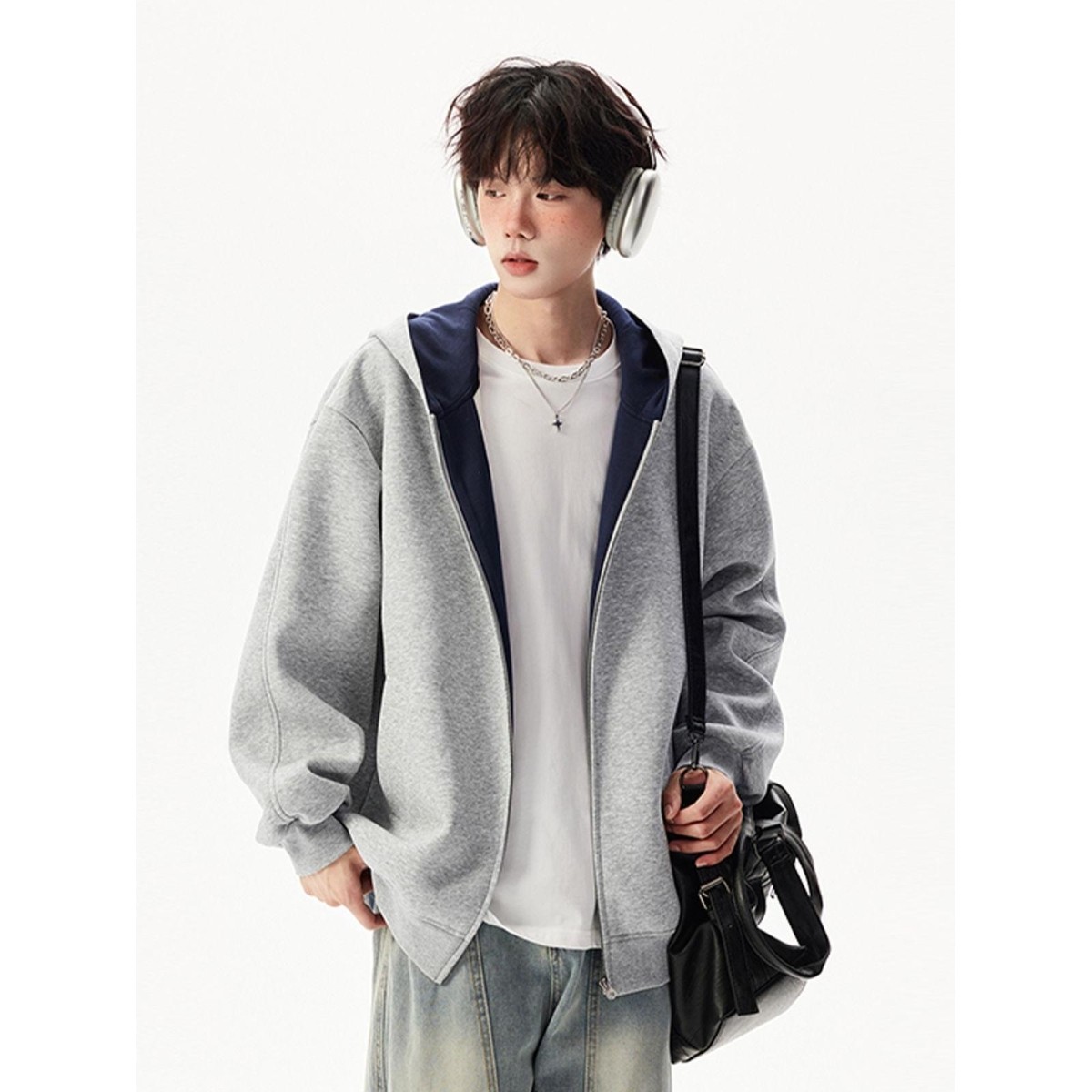 1506/QY320/P52季新款潮牌宽松百搭撞色情侣连帽开衫