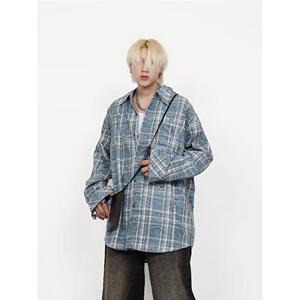 1506/QC6910/P42美式复古晕染格子衬衫男长袖高级感外套1图片
