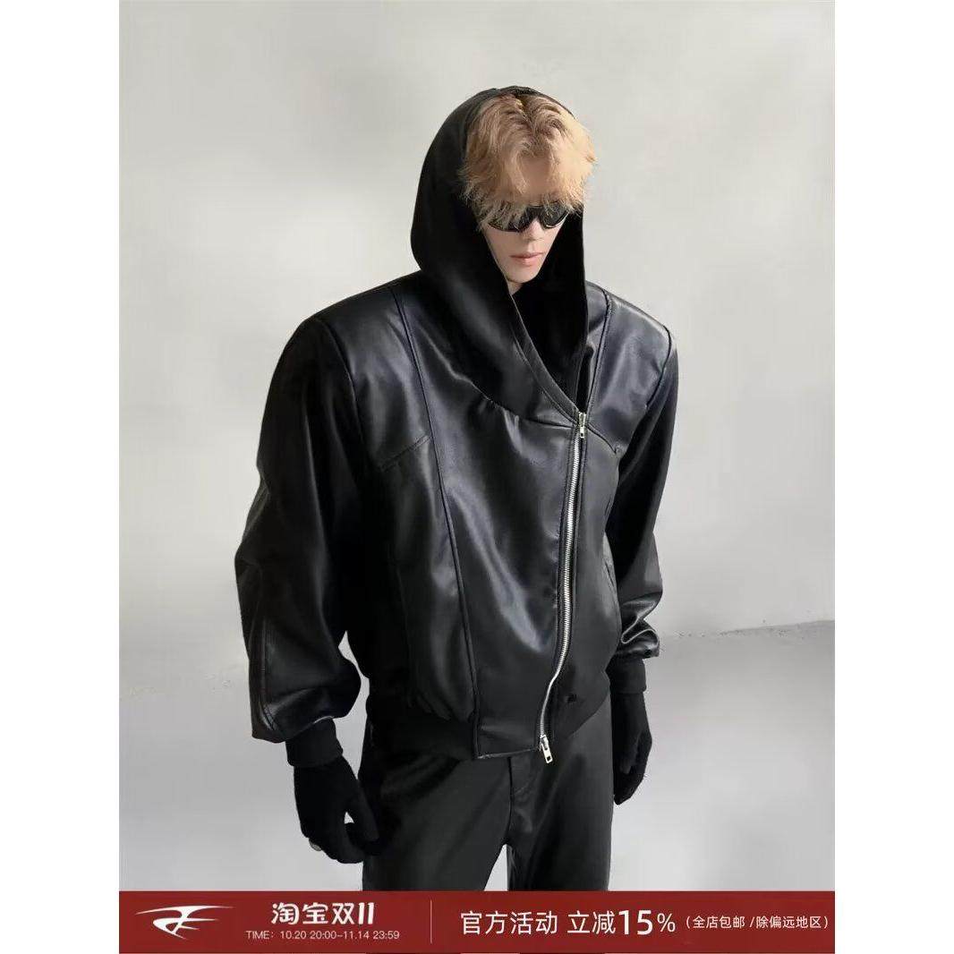 1506/QHT970/P64秋冬小众解构拉链连帽PU皮衣夹克1图片
