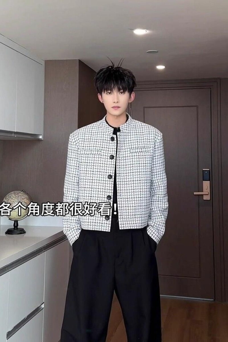 1506/QJ4050/P62白色小香风西装外套男韩系夹克短款千鸟格西服,男装西服,星座1506