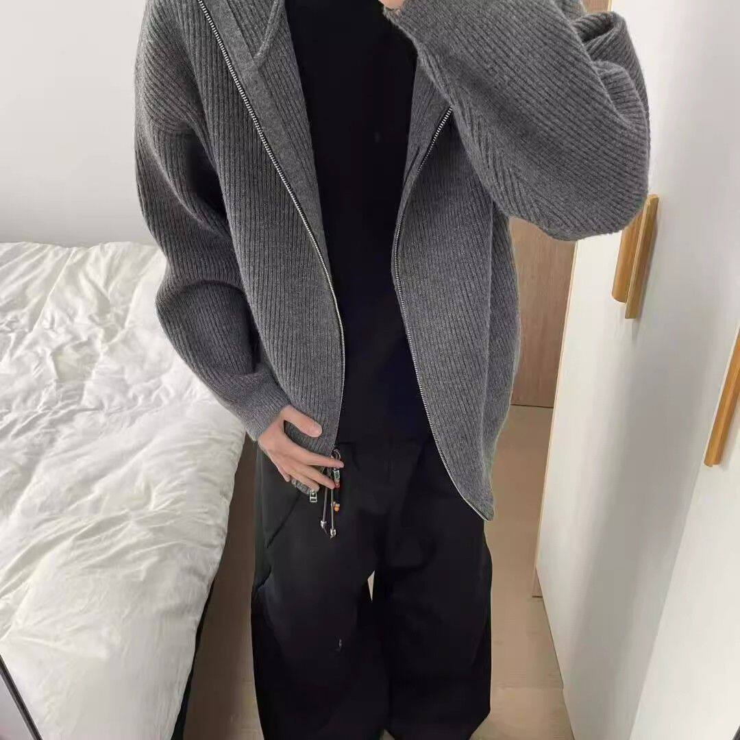 1506/QL1080/P62美式复古灰拉链高领毛衣连帽开衫羊毛针织衫男女2,男装针织衫/毛衣,星座1506