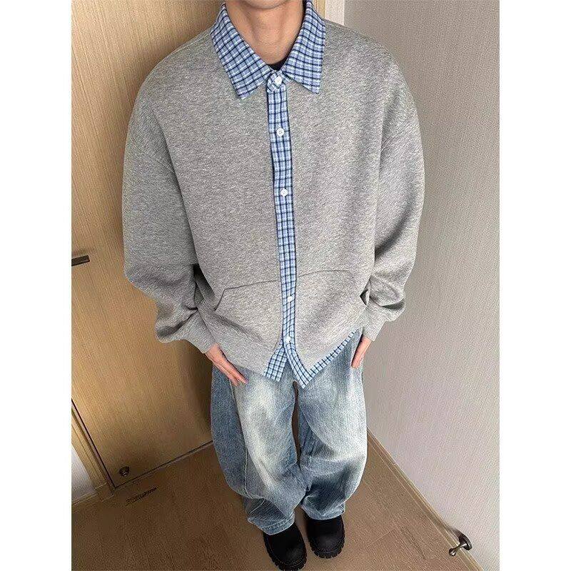 1506/Q42290/P50新款开衫毛衣美式休闲慵懒风针织衫男纯色外套,白色老爹鞋怎么穿搭图片
