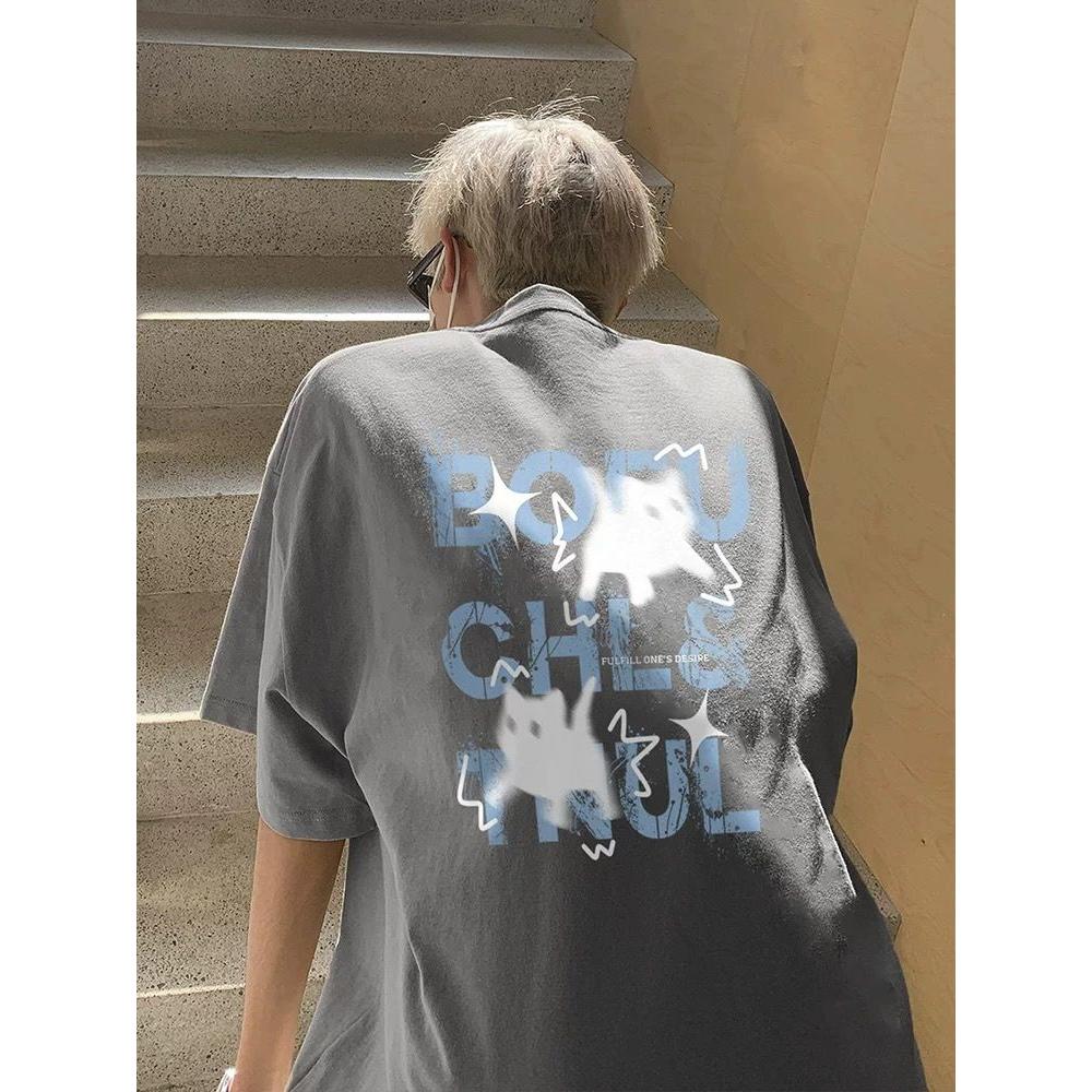 1506/QT4800/P34闪电猫印花重磅短袖t恤男夏季宽松大码男生上衣，男装T恤，星座1506