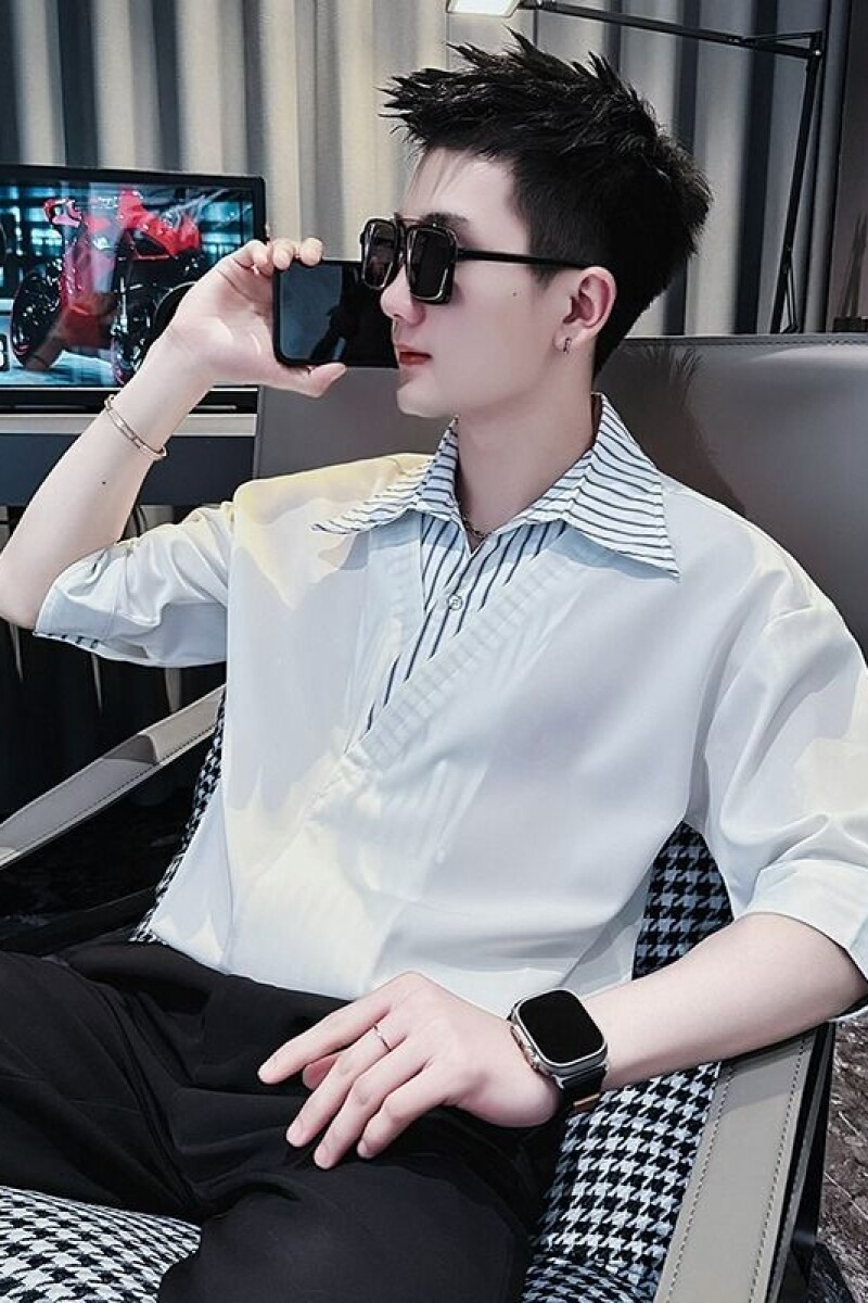 1506/QA67380/P41衬衫男短袖假两件条纹七分袖2025冰丝衣服男装,男装T恤,星座1506