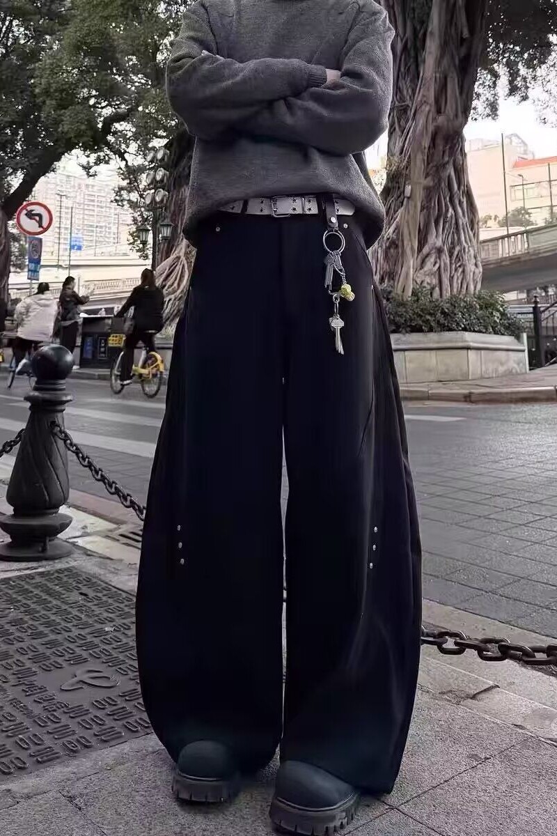1506/QK1430/P53高级弯刀西裤拼接铆钉休闲裤男女垂坠感拖地裤子,男装西裤,星座1506