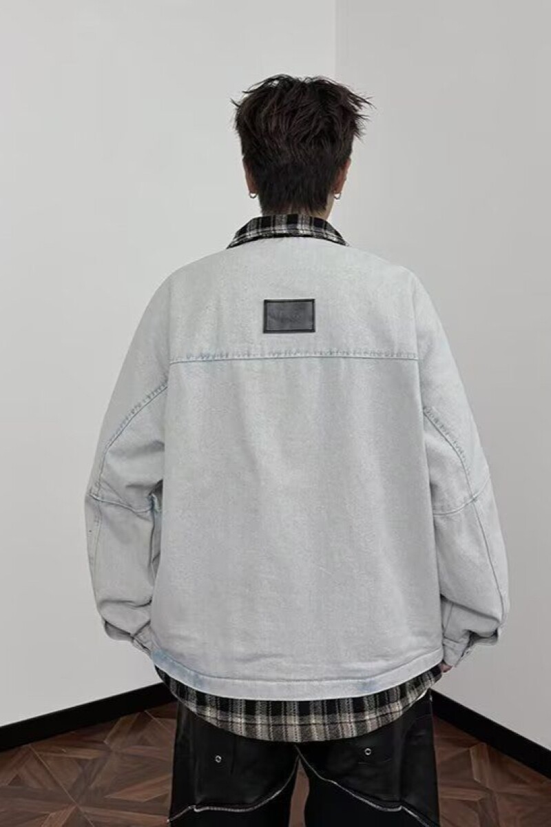 1506/QR-25830/P89翻领假两件格子牛仔夹克男潮牌胖外套宽松秋季,男装夹克,星座1506