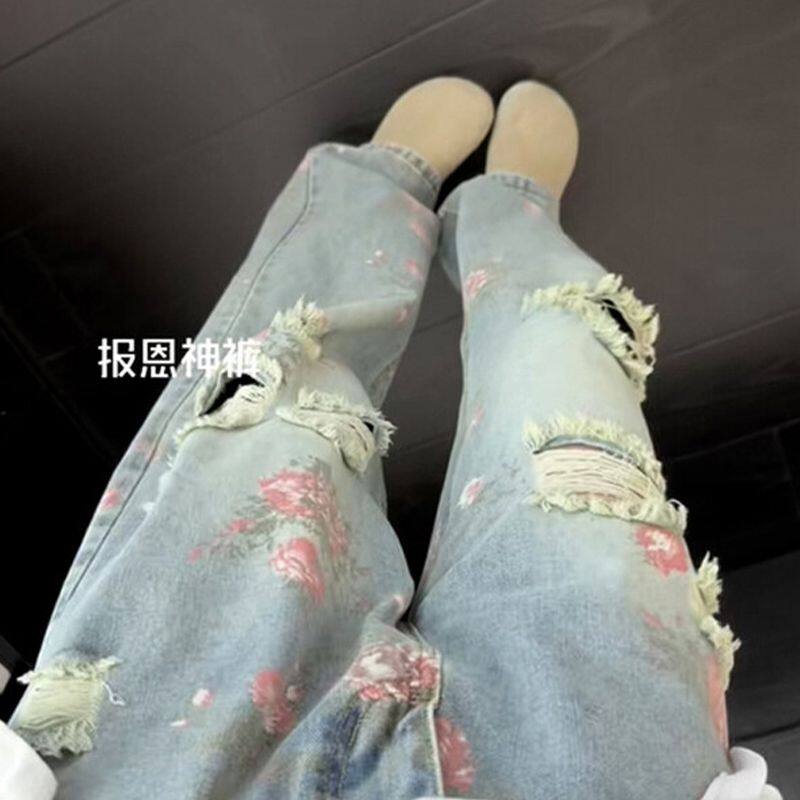 1506/Q279/P52美式复古玫瑰破洞牛仔裤男夏薄款裤子满印直筒长裤,男装牛仔裤,星座1506
