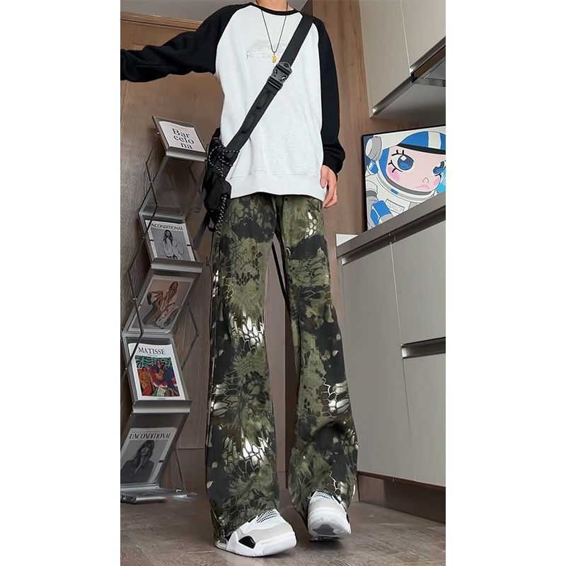 1506/Q3280/P39蛇纹迷彩工装裤男秋款潮牌美式牛仔裤直筒微喇叭裤,男装牛仔裤,星座1506