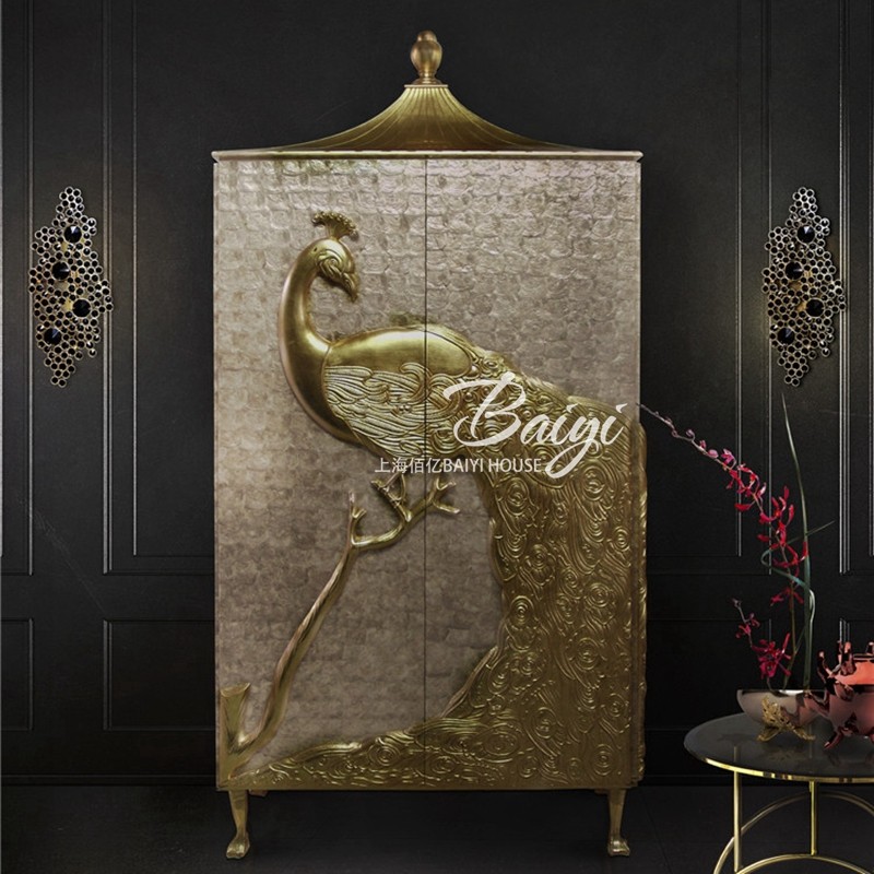 法式轻奢风对开门衣柜欧式新古典实木雕花贝壳展示柜艺术金箔衣橱
