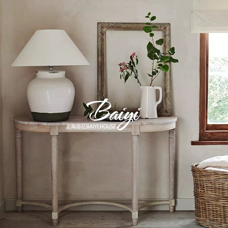 美式乡村实木玄关桌法式仿古玄关柜长条桌靠墙走廊半圆玄关台案台