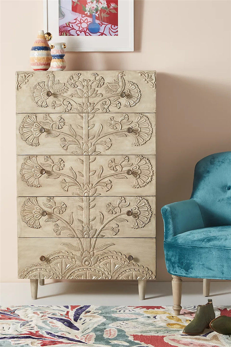 法式复古艺术实木雕花五斗柜美式乡村卧室抽屉柜原木收纳储物柜