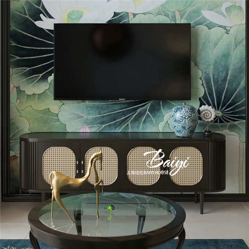 美式电视柜艺术烤漆法式客厅边柜复古实木别墅地柜藤编电视机柜