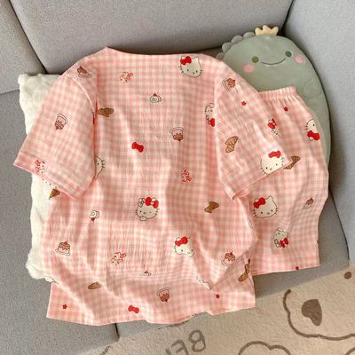 卡通纯棉睡衣女夏季云朵棉短袖短裤少女圆领夏天可外穿家居服套装