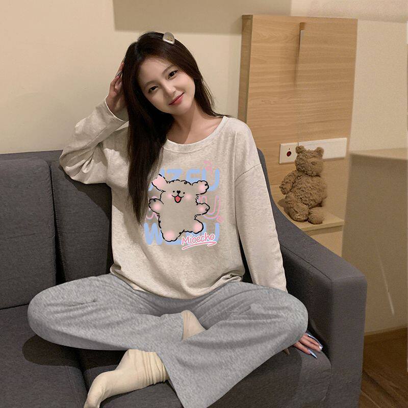 网红款精梳棉睡衣女棉质甜美长袖套装圆领可外穿棉家居服春秋新款