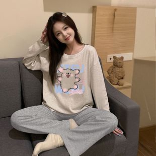 网红款精梳棉睡衣女棉质甜美长袖套装圆领可外穿棉家居服春秋新款