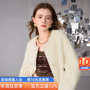 三彩女装2024冬季新款绵羊毛皮草圆领羊羔毛外套保暖宽松女M