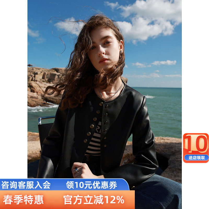 三彩ibudu2025秋季新款PU皮外套圆领单排扣短款宽松皮衣夹克女