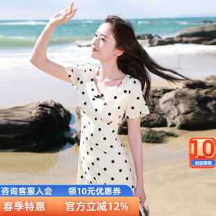 法式 三彩若潮大码 新款 2026夏季 复古连衣裙波点印花方领胖MM 女装