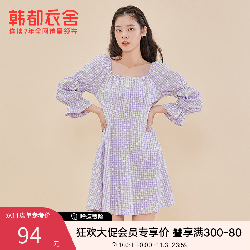 韩都衣舍碎花连衣裙2022夏装新款女装韩版方领装饰裙子OM83266
