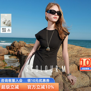 上衣M女 三彩2025夏季 新款 凉感T恤解构开叉圆领短袖 设计感套头衫