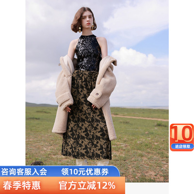 三彩ibudu2024冬季新款复古国风高腰半身裙印花压皱灯芯绒长裙女