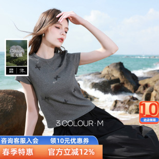 三彩2026夏季新款蝴蝶结T恤修身短款圆领正肩短袖套头衫上衣M女