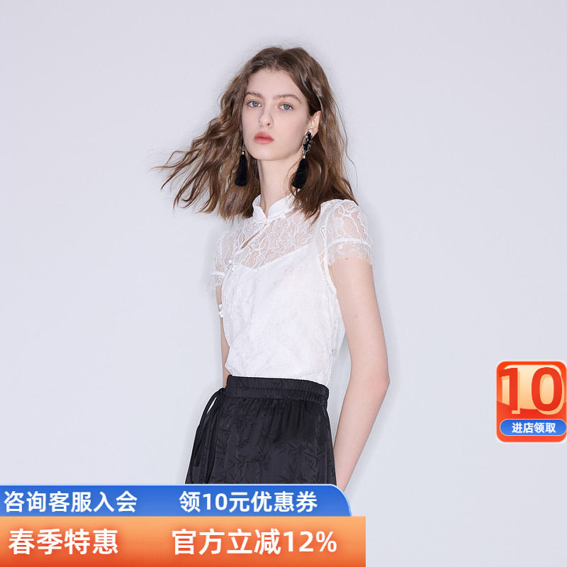 三彩ibudu2025夏季新款新中式蕾丝衫透视盘扣上衣短款女