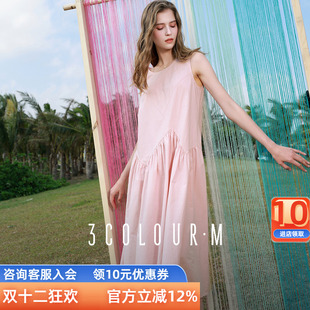 A字裙宽松长裙简约M女 纯棉连衣裙圆领无袖 三彩2025秋季 新款