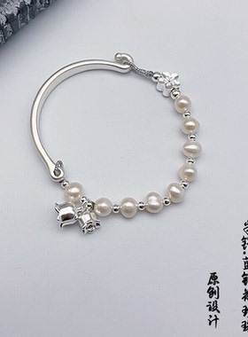 蓝铃花纯银手链女款珍珠手串小众国风足银半镯送女友闺蜜生日礼物