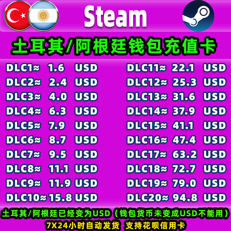 Steam土耳其阿根廷充值卡cdk账户充钱卡钱包充值码礼品卡美金余额,电玩/配件/游戏/攻略,STEAM,淘宝优惠券,粉丝福利购,淘宝优惠卷