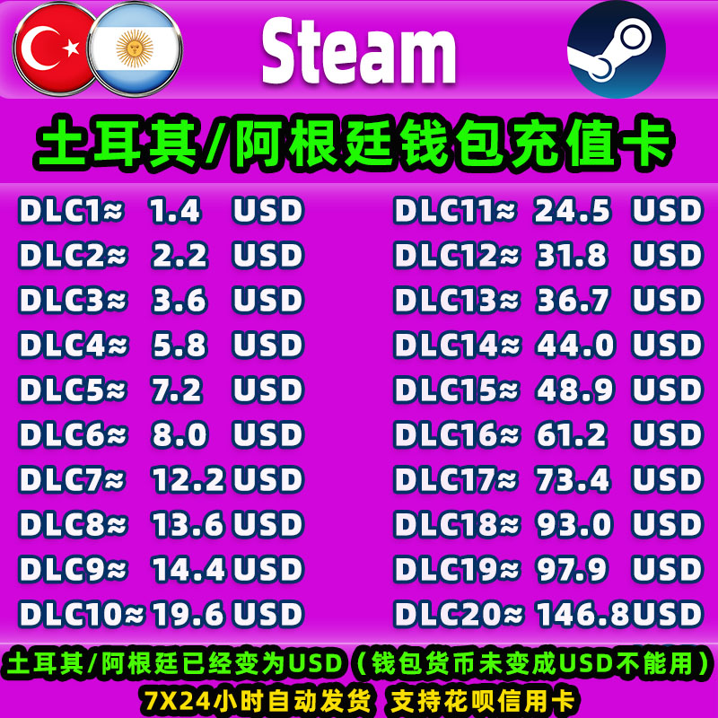 Steam土耳其阿根廷充值卡CDK										