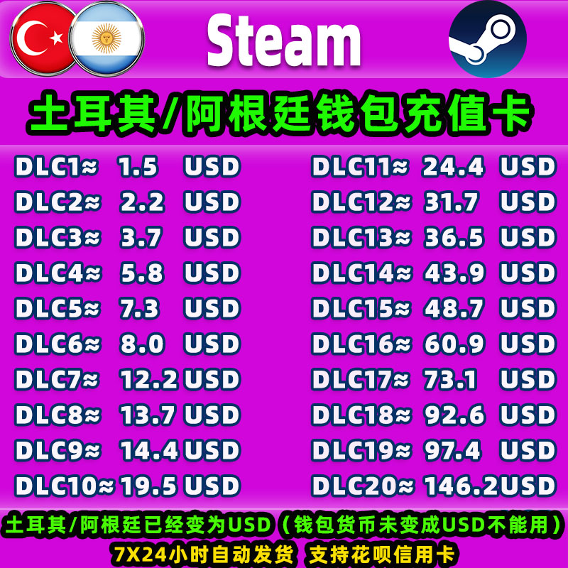 Steam土耳其阿根廷充值卡CDK										