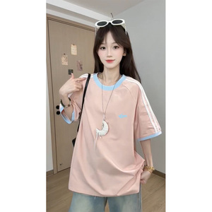 复古拼色正肩t恤女短袖2026新款夏季美式辣妹半袖修身时尚上衣潮