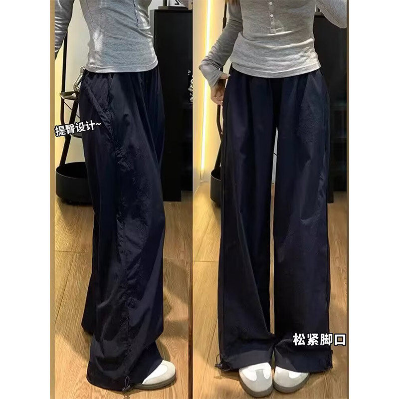 藏青色速干工装裤女夏季薄款美式束脚运动裤小个子宽松直筒阔腿裤