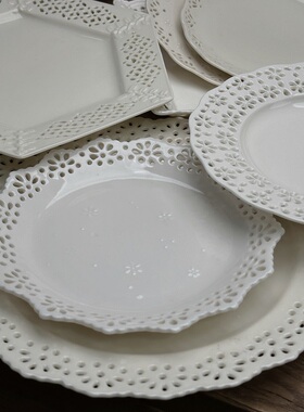 〓直播特卖〓白瓷系列1号合辑镂空雕花立体浮雕滤水果碗菜盘餐盘