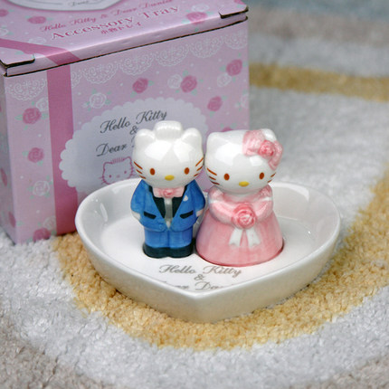 日本原盒陶瓷KT猫hello kitty凯蒂猫结婚对偶/首饰戒指收纳盘摆件