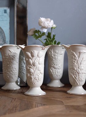 美国LENOX象牙白重工浮雕高贵郁金香玫瑰花高款花插花瓶花器摆件