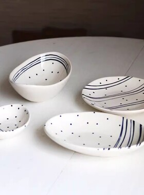 日本订单陶瓷釉下彩手绘蓝色线条简约海洋风小碟子盘调味碟