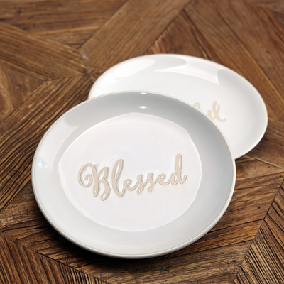 出口美国高温陶瓷粗陶拼接英文祝福浮雕节日西餐盘/甜品盘