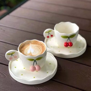 包邮 陶瓷手作手绘新品 车厘子咖啡杯碟 樱桃季 可爱立体樱桃杯