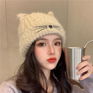 时尚针织帽子女春秋月子帽产后产妇网红毛线帽冬猫耳可爱的无檐帽