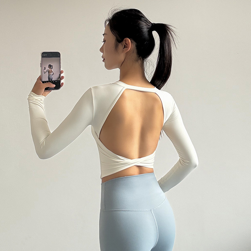 露背瑜伽服上衣女款固定胸垫美背健身短袖舞蹈运动服长袖t恤新款