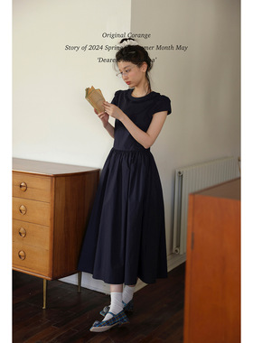 /Corange/短袖圆领木耳花边收腰复古少女感A字连衣裙 英式藏蓝色